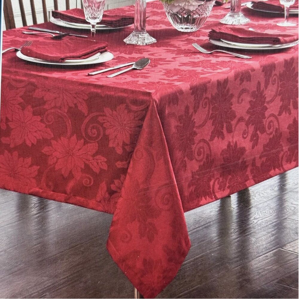 NEW WATERFORD Red Poinsettia Bloom Jacquard Tablecloth 70x144 Formal Christmas
